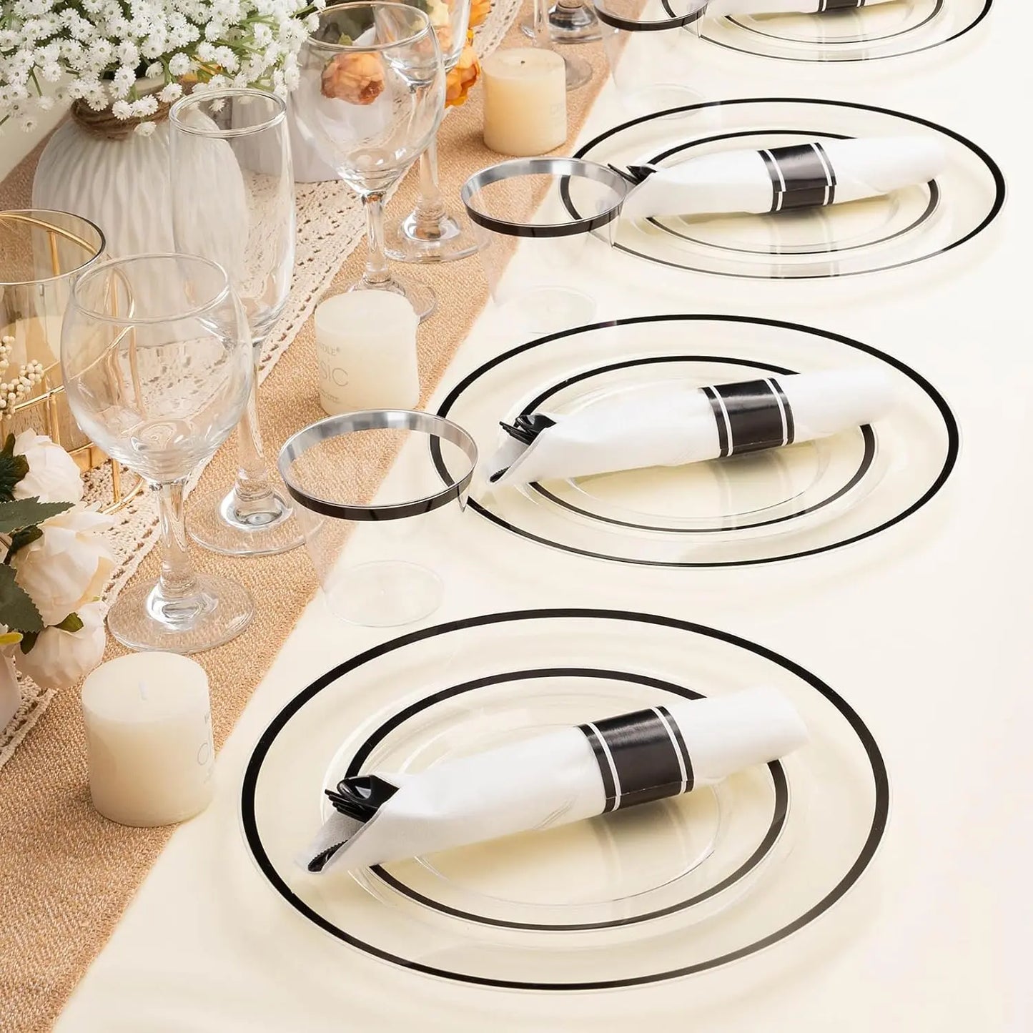 350PCS Striped Food Grade Plastic Disposable Tableware Set - Party Supplies with 50 Cups, 50 Pre-Rolled Napkins, 150 Cutlery, Elegant Plastic Disposable Dinner Plates, Food-Safe, Leak-Proof for Events