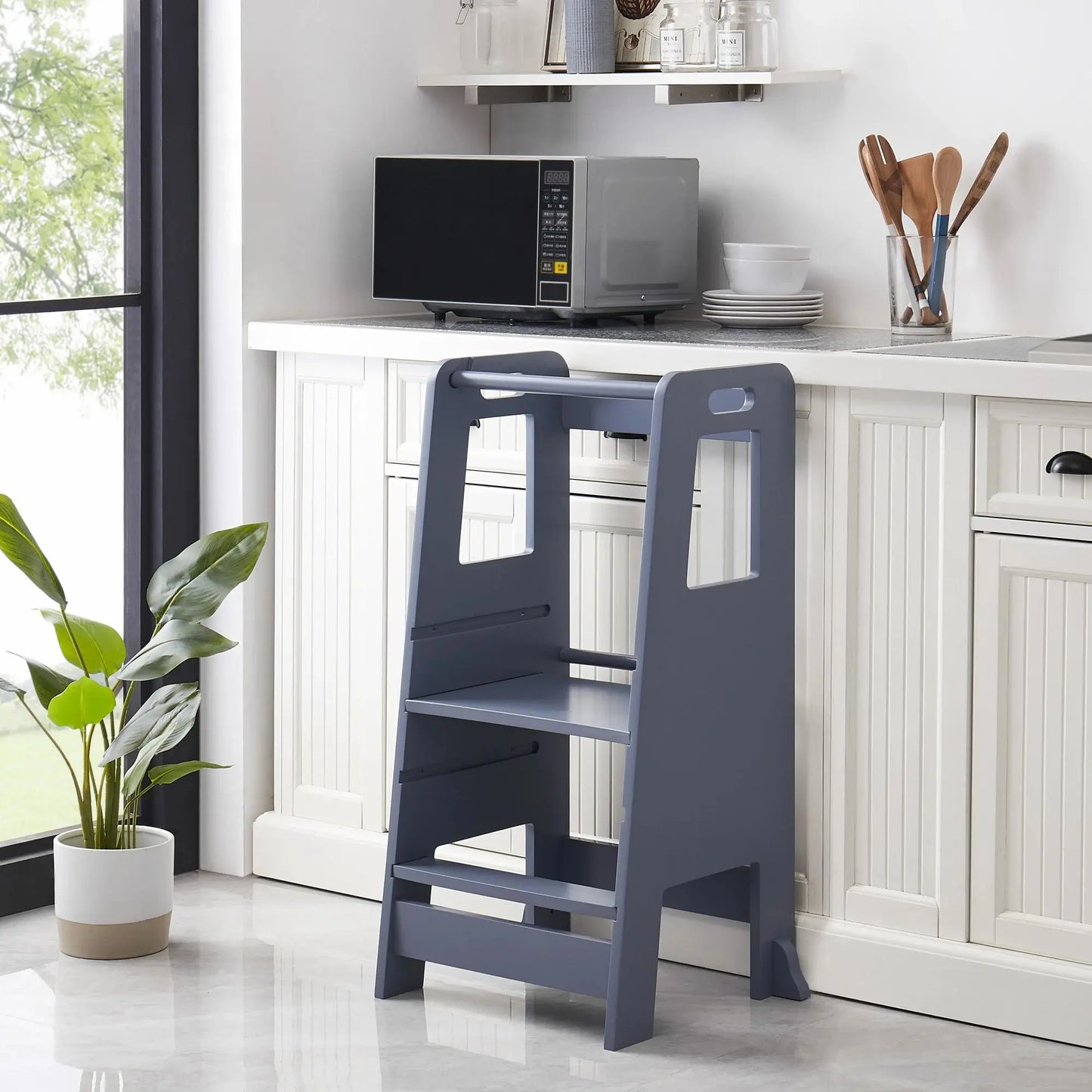 Wooden Kitchen Step Stool for Kids with Adjustable Footrest