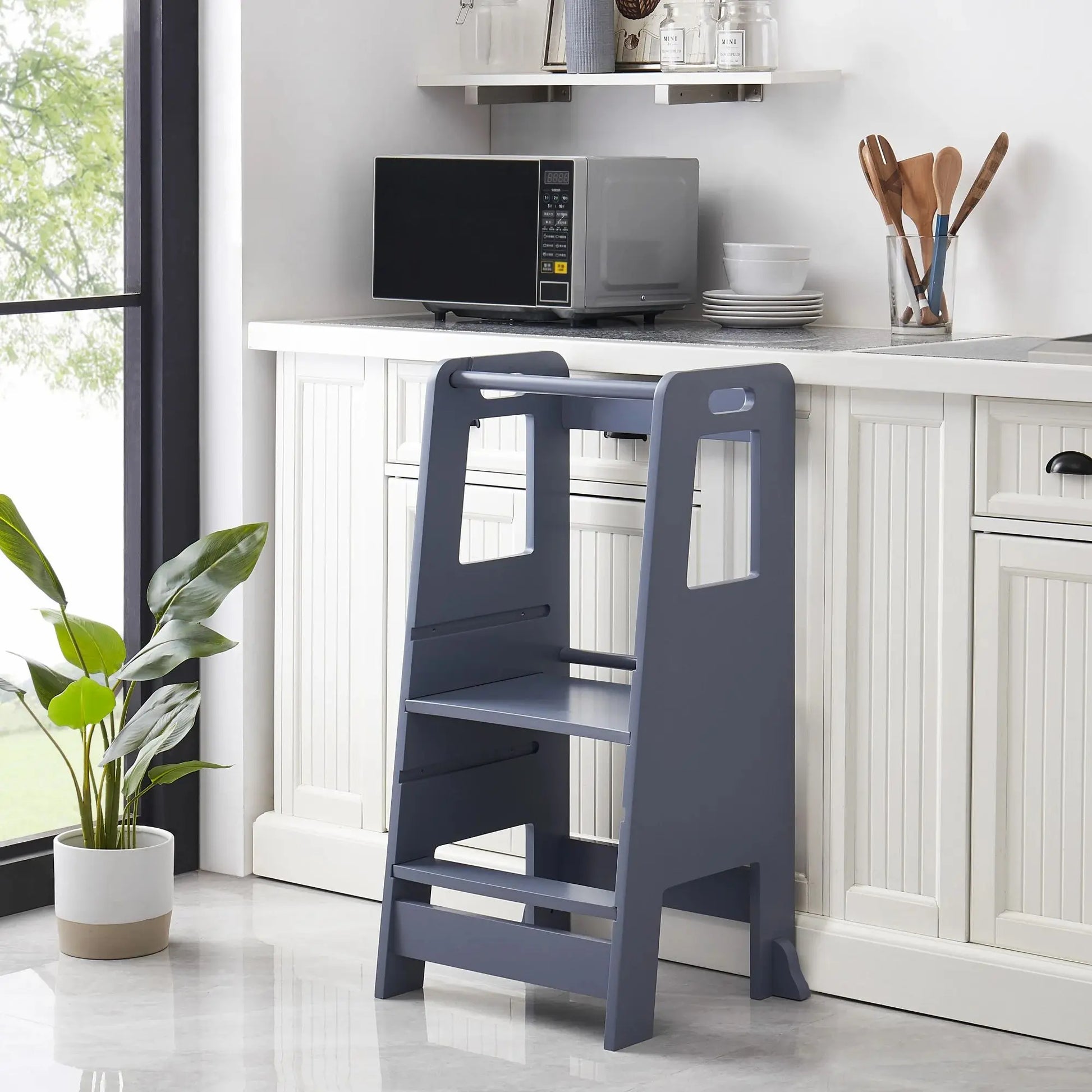 Wooden Kitchen Step Stool for Kids with Adjustable Footrest