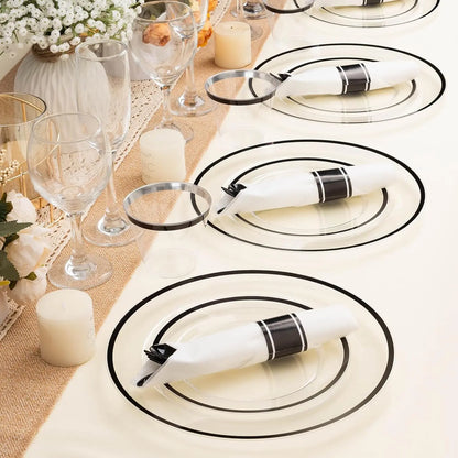 350PCS Striped Food Grade Plastic Disposable Tableware Set - Party Supplies with 50 Cups, 50 Pre-Rolled Napkins, 150 Cutlery, Elegant Plastic Disposable Dinner Plates, Food-Safe, Leak-Proof for Events