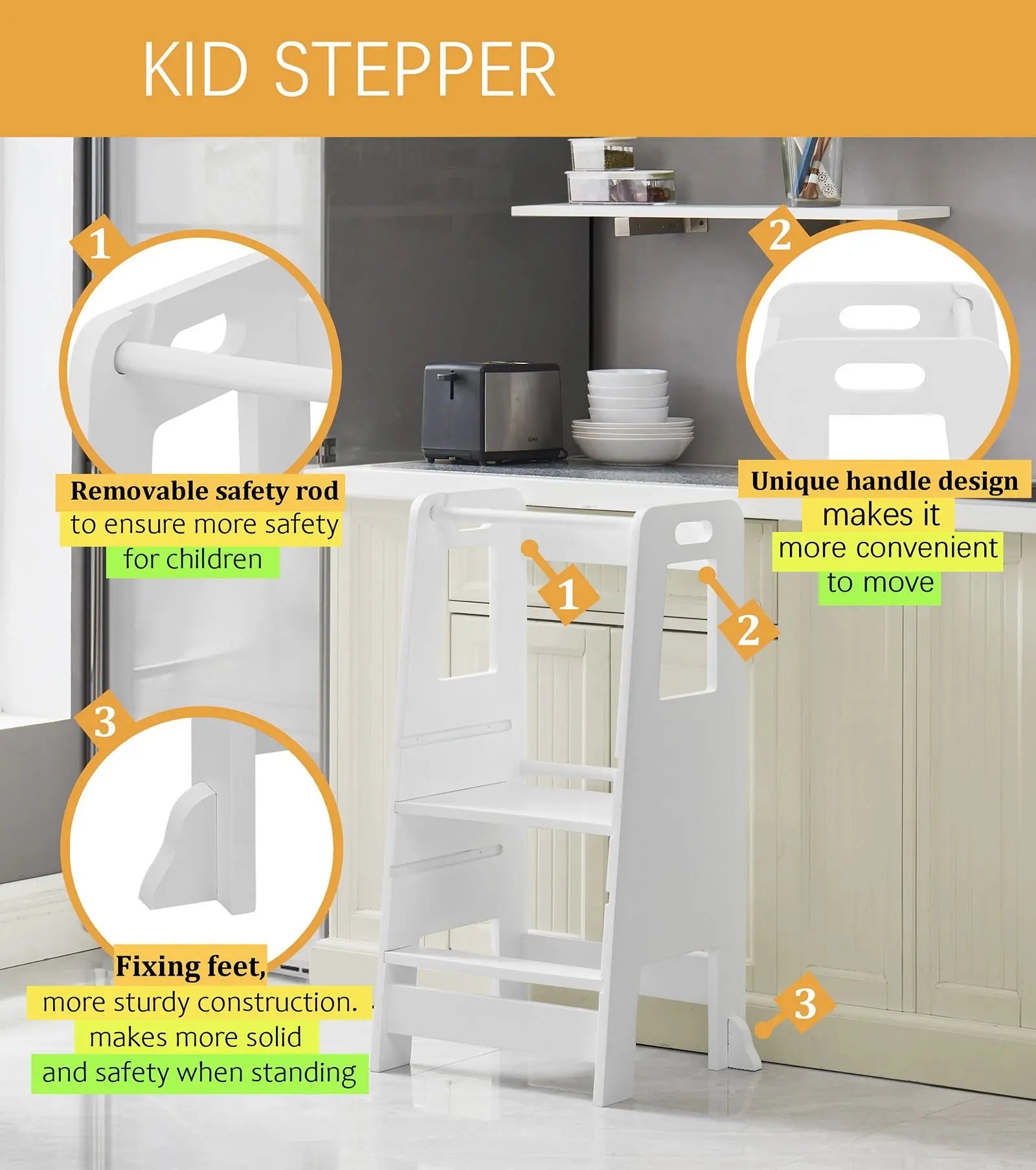Wooden Kitchen Step Stool for Kids with Adjustable Footrest