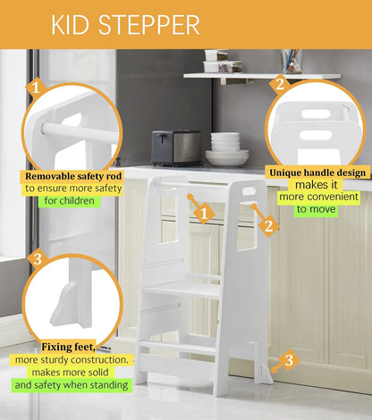 Wooden Kitchen Step Stool for Kids with Adjustable Footrest
