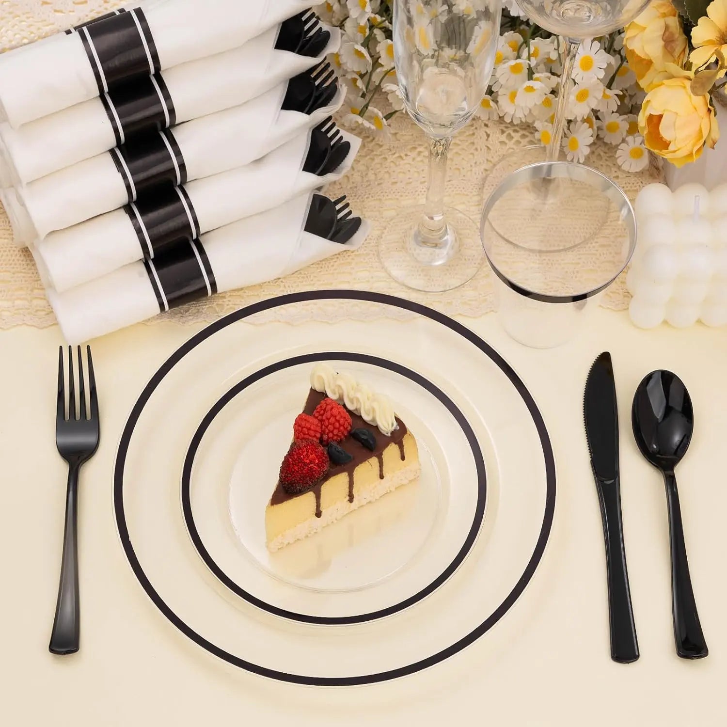 350PCS Striped Food Grade Plastic Disposable Tableware Set - Party Supplies with 50 Cups, 50 Pre-Rolled Napkins, 150 Cutlery, Elegant Plastic Disposable Dinner Plates, Food-Safe, Leak-Proof for Events