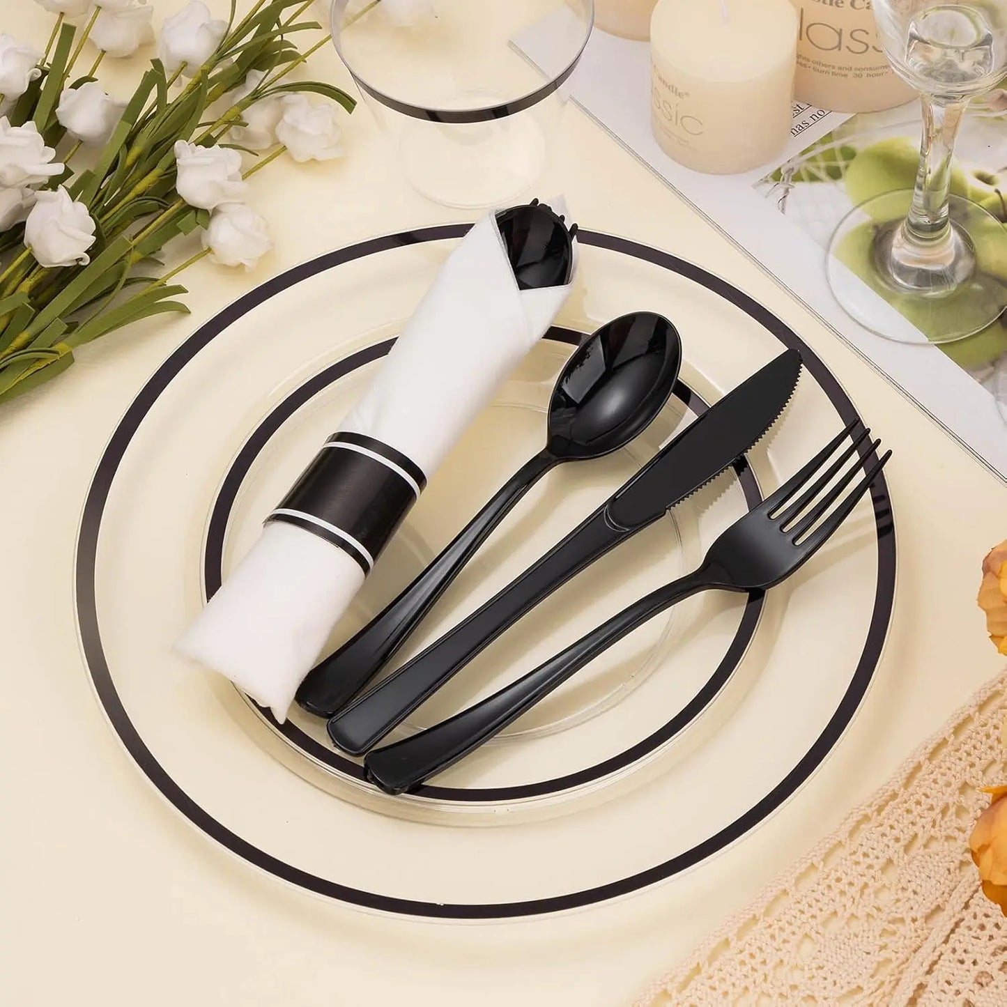 350PCS Striped Food Grade Plastic Disposable Tableware Set - Party Supplies with 50 Cups, 50 Pre-Rolled Napkins, 150 Cutlery, Elegant Plastic Disposable Dinner Plates, Food-Safe, Leak-Proof for Events