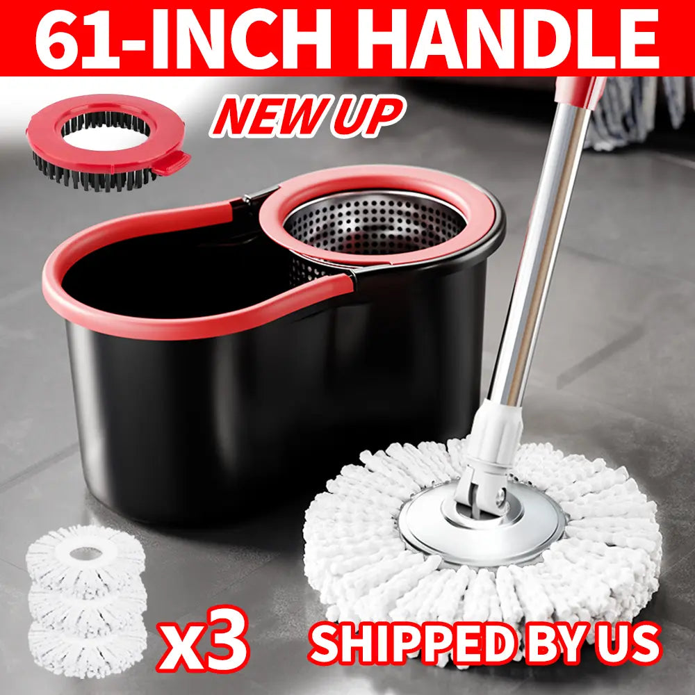 Mop Bucket Set with 360° Spin Mop and Bucket System 3 Microfiber Heads 61In Adjustable Handle Easy Home Floor Cleaning