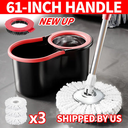 Mop Bucket Set with 360° Spin Mop and Bucket System 3 Microfiber Heads 61In Adjustable Handle Easy Home Floor Cleaning
