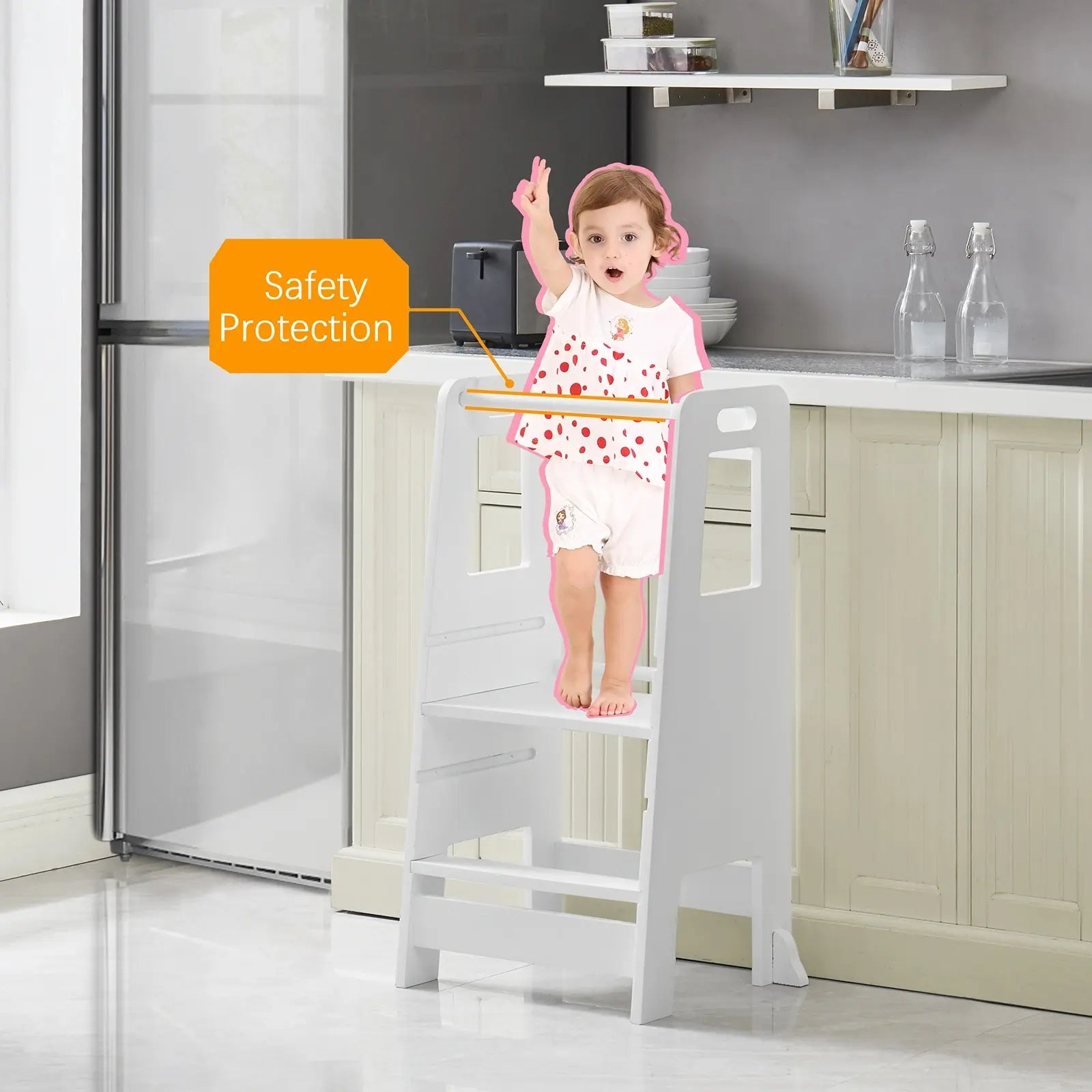 Wooden Kitchen Step Stool for Kids with Adjustable Footrest
