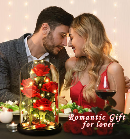 Mothers Day Rose Gifts for Women,Beauty and Beast Rose in Glass Dome with LED Light,Glass Rose Flower Gifts for Family Valentines Birthday Gifts for Women Mom Wife Girlfriend Friend Forever Red Rose
