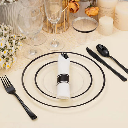 350PCS Striped Food Grade Plastic Disposable Tableware Set - Party Supplies with 50 Cups, 50 Pre-Rolled Napkins, 150 Cutlery, Elegant Plastic Disposable Dinner Plates, Food-Safe, Leak-Proof for Events