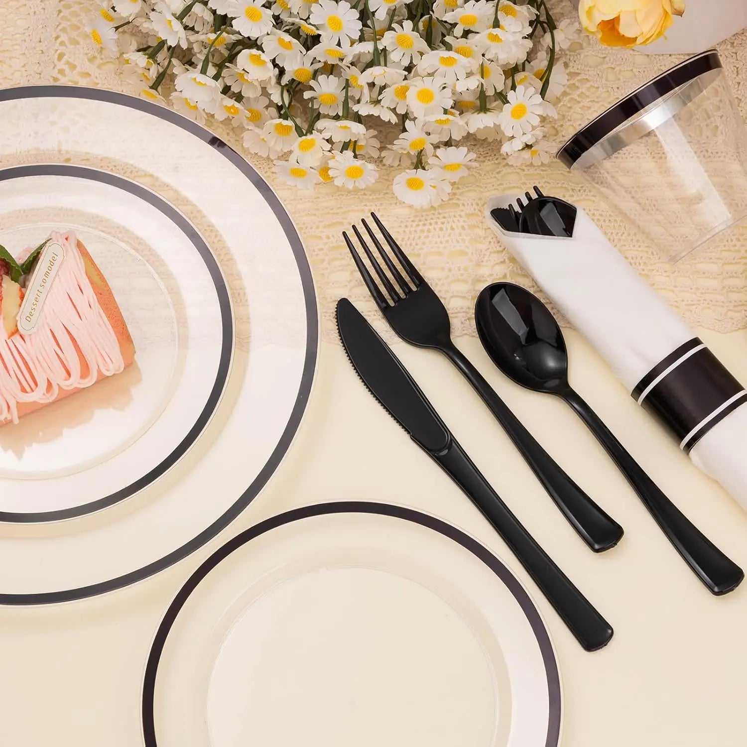 350PCS Striped Food Grade Plastic Disposable Tableware Set - Party Supplies with 50 Cups, 50 Pre-Rolled Napkins, 150 Cutlery, Elegant Plastic Disposable Dinner Plates, Food-Safe, Leak-Proof for Events