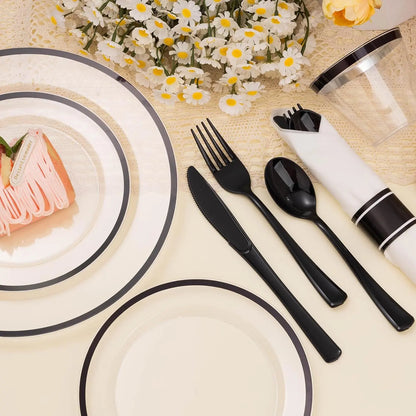 350PCS Striped Food Grade Plastic Disposable Tableware Set - Party Supplies with 50 Cups, 50 Pre-Rolled Napkins, 150 Cutlery, Elegant Plastic Disposable Dinner Plates, Food-Safe, Leak-Proof for Events