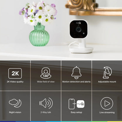 Myq Smart Indoor Security Camera – HD Video, Night Vision, Motion Detection, Wi-Fi, Two-Way Audio, Smartphone Control Lens