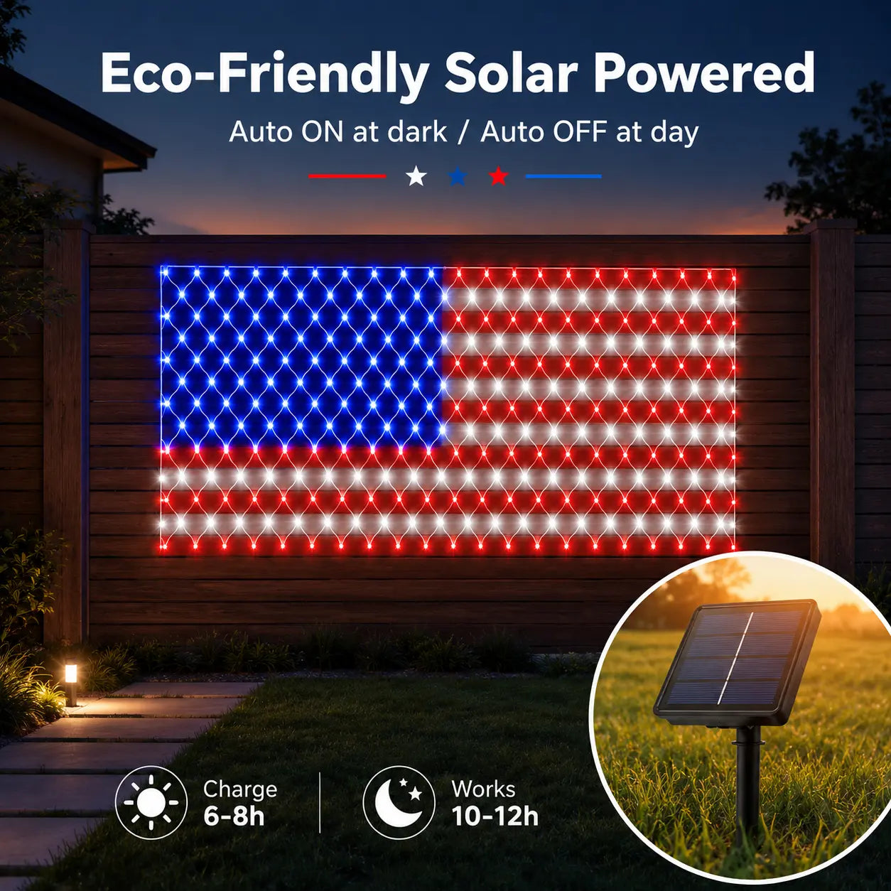 Solar American Flag Lights Outdoor American Flag Net Lights 6.5Ft X 3.28Ft Super Bright,Memorial Day Decorations of the United States for Independence/National/Memorial Day,July 4Th Waterproof Solar Lights Outdoor