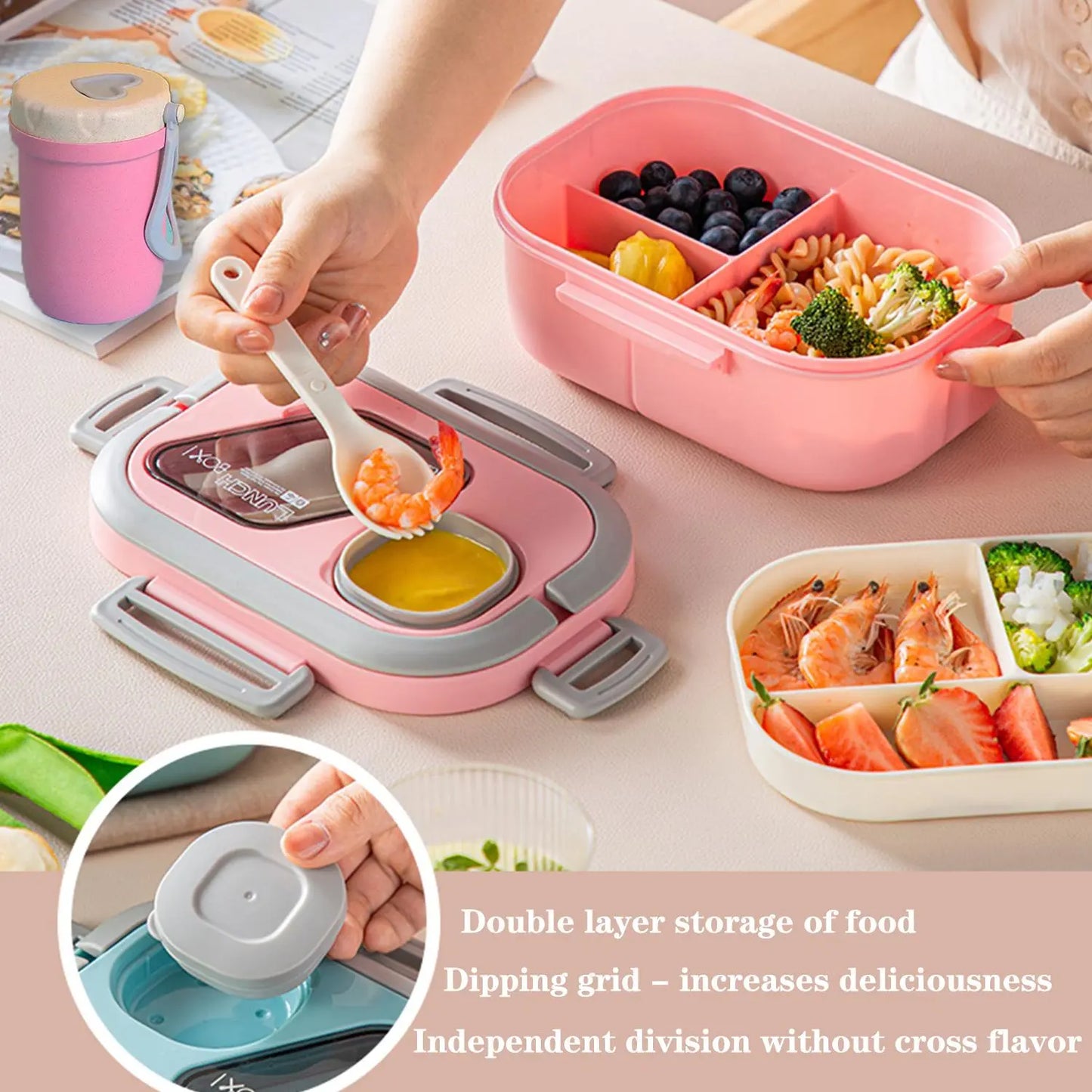 2 Layer Lunch Box Set, 1 Set Including 1 Count Lunch Case, Spoon, Soup Cup & Insulated Bag, Portable Bento Box for School Office Outdoor Picnic, Meal Prep Containers, Insulated Lunch Compartment