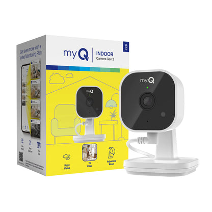 Myq Smart Indoor Security Camera – HD Video, Night Vision, Motion Detection, Wi-Fi, Two-Way Audio, Smartphone Control Lens