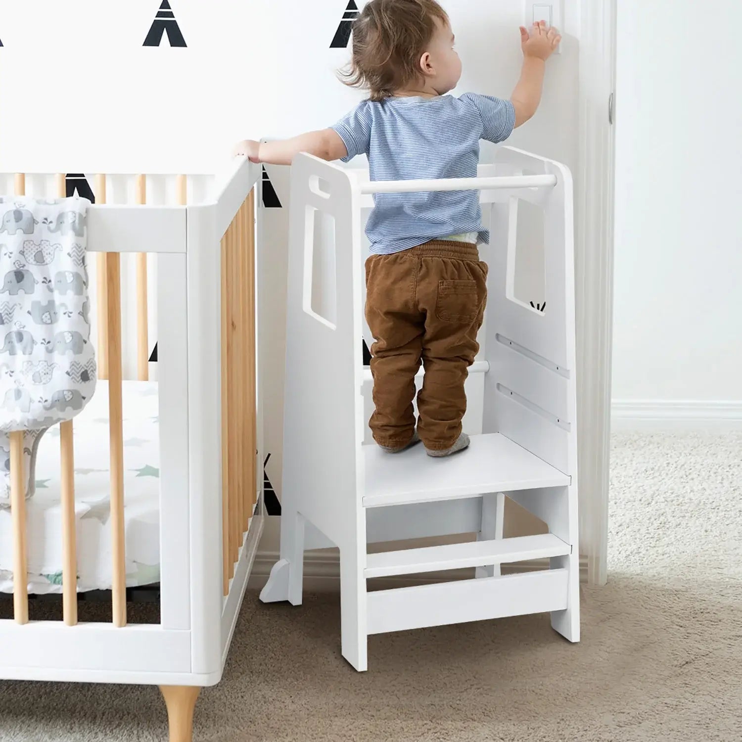 Wooden Kitchen Step Stool for Kids with Adjustable Footrest
