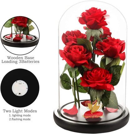 Mothers Day Rose Gifts for Women,Beauty and Beast Rose in Glass Dome with LED Light,Glass Rose Flower Gifts for Family Valentines Birthday Gifts for Women Mom Wife Girlfriend Friend Forever Red Rose