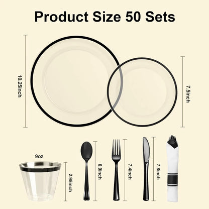 350PCS Striped Food Grade Plastic Disposable Tableware Set - Party Supplies with 50 Cups, 50 Pre-Rolled Napkins, 150 Cutlery, Elegant Plastic Disposable Dinner Plates, Food-Safe, Leak-Proof for Events