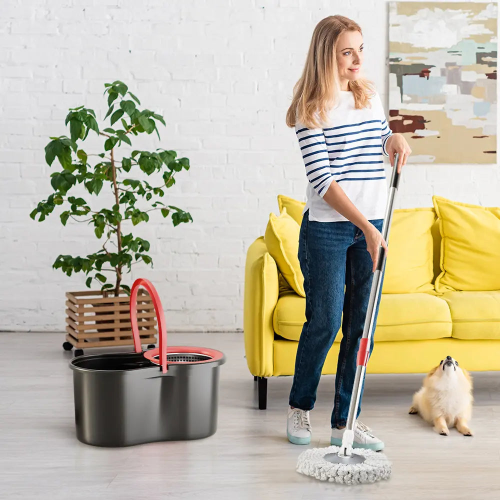 Mop Bucket Set with 360° Spin Mop and Bucket System 3 Microfiber Heads 61In Adjustable Handle Easy Home Floor Cleaning