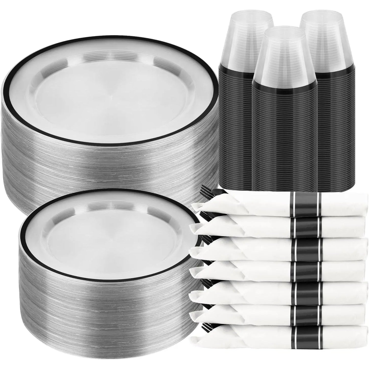 350PCS Striped Food Grade Plastic Disposable Tableware Set - Party Supplies with 50 Cups, 50 Pre-Rolled Napkins, 150 Cutlery, Elegant Plastic Disposable Dinner Plates, Food-Safe, Leak-Proof for Events