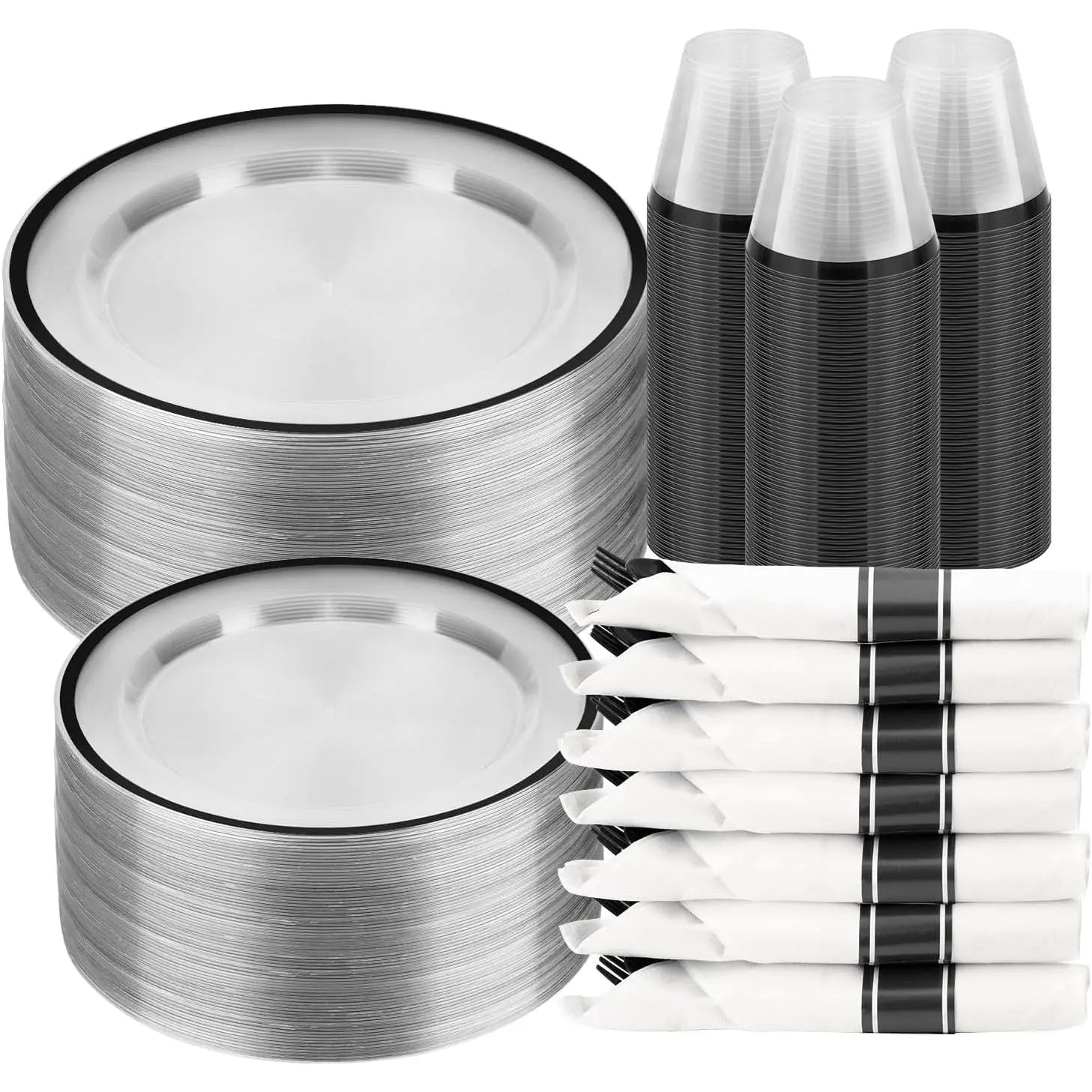 350PCS Striped Food Grade Plastic Disposable Tableware Set - Party Supplies with 50 Cups, 50 Pre-Rolled Napkins, 150 Cutlery, Elegant Plastic Disposable Dinner Plates, Food-Safe, Leak-Proof for Events