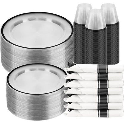 350PCS Striped Food Grade Plastic Disposable Tableware Set - Party Supplies with 50 Cups, 50 Pre-Rolled Napkins, 150 Cutlery, Elegant Plastic Disposable Dinner Plates, Food-Safe, Leak-Proof for Events