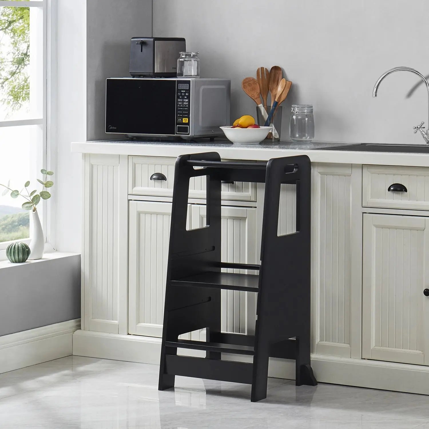 Wooden Kitchen Step Stool for Kids with Adjustable Footrest