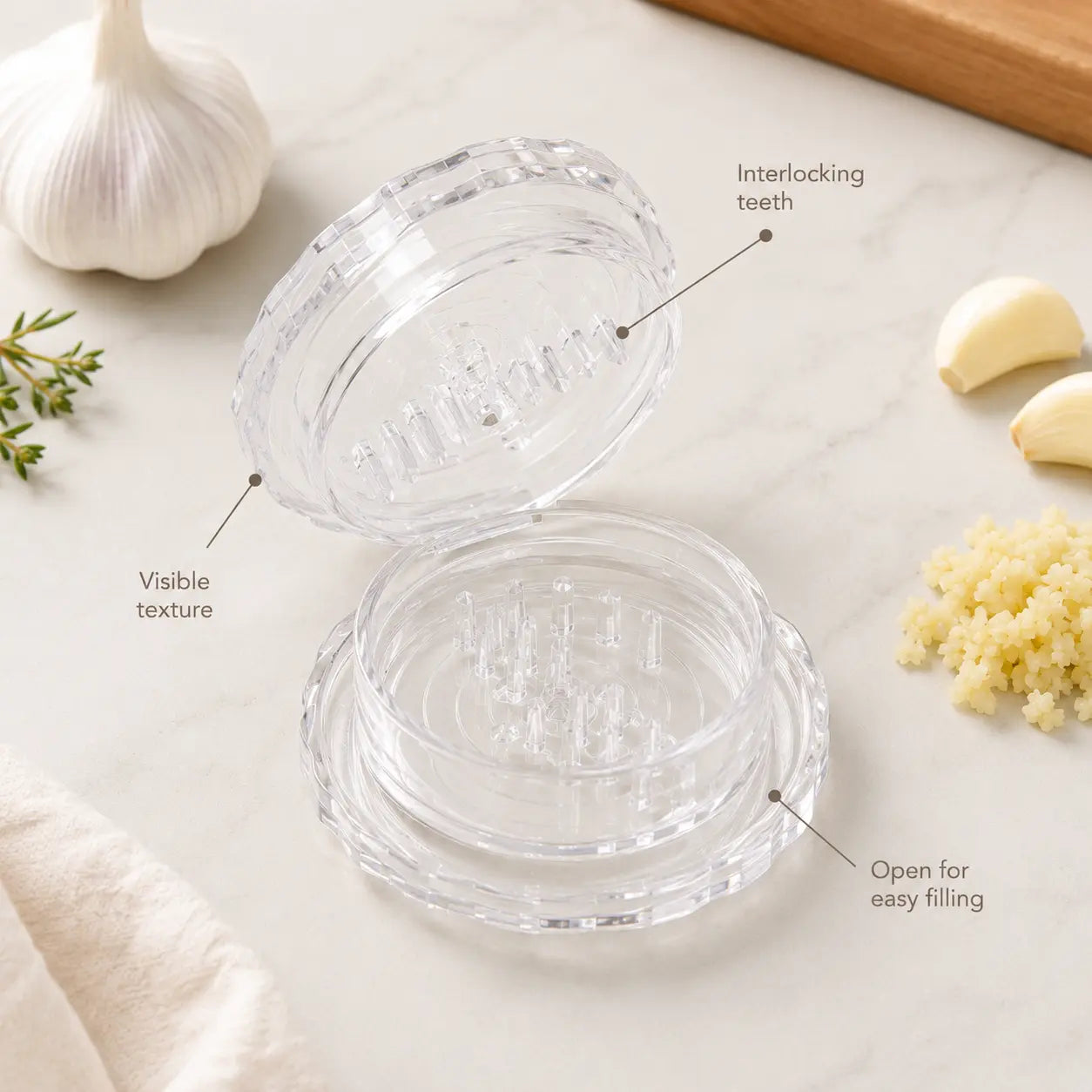 Manual Garlic Twister & Mincer, Compact Garlic Grinder for Garlic, Ginger, Onion, Herbs and Nuts, Clear Kitchen Prep Gadget