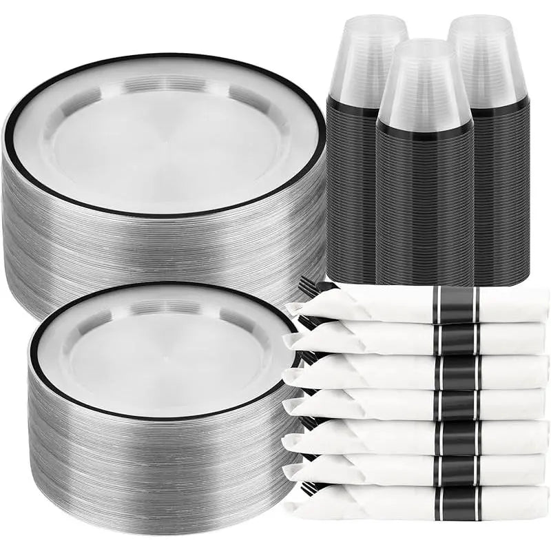 350PCS Striped Food Grade Plastic Disposable Tableware Set - Party Supplies with 50 Cups, 50 Pre-Rolled Napkins, 150 Cutlery, Elegant Plastic Disposable Dinner Plates, Food-Safe, Leak-Proof for Events